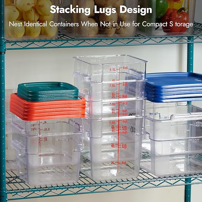 CURTA 8-Pack 6 Qt NSF Clear Polycarbonate Food Storage Containers with Red Lids - Square, Commercial-Grade, Freezer & Dishwasher Safe, Stackable