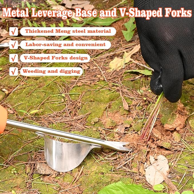 Hand Weeder Tool - V-Shaped Stainless Durable Unique Lever Design Weed Puller Tool with Anti-Slip Rubberized Handle for Effortless Dandelion Their Roots & Weed Removal.