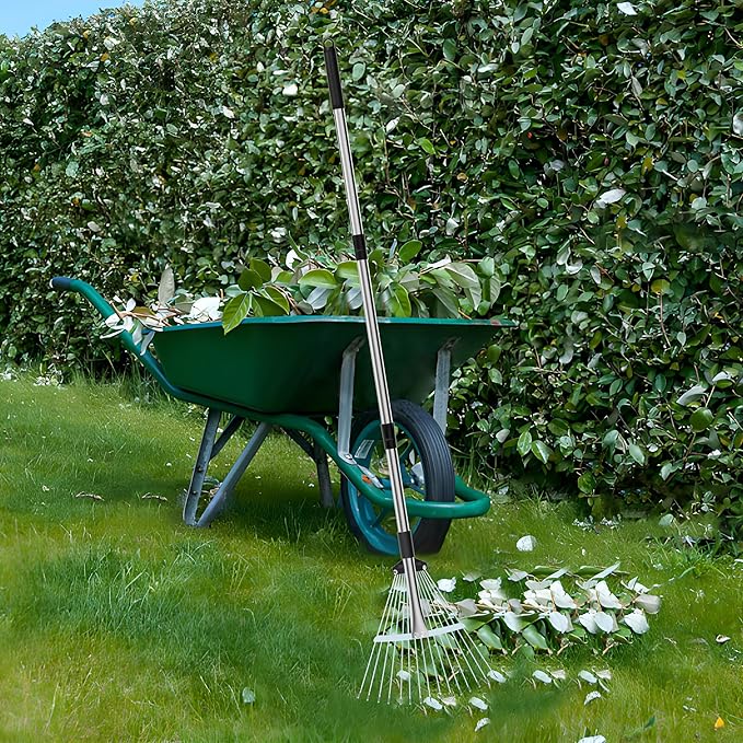 Garden Rake for Leaves, Metal Adjustable Leaf Rake for Lawns, Length 37"-53", Adjustable Expandable Head 8"-15", Garden Tools for Lawn Garden Yard Flowers Beds Bush