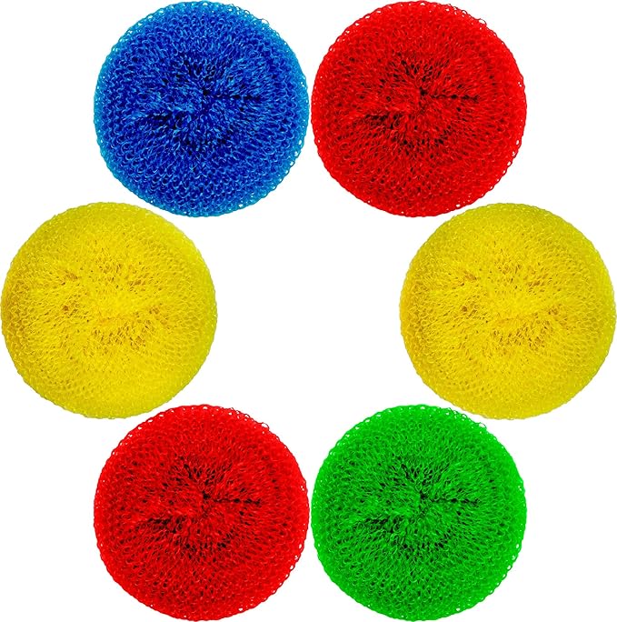 DecorRack 6 Mesh Scourers, Premium Non-Scratch Plastic Scourers, Stain Removing Cleaning Scrubber, for Kitchen Garage Bathroom (Pack of 6)