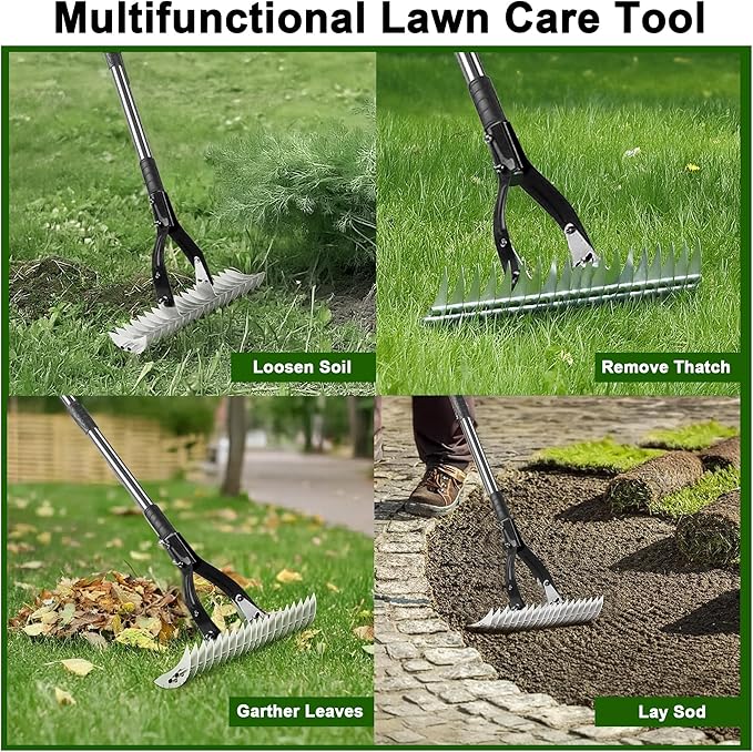 Thatch Rake,15" Lawn Dethatcher Rakes,Dead Grass Remover,Manual Dethatching Rake with Adjustable Length Handle,Scarifier Rake,Thatching Rakes for Lawns Grass Loosening Soil