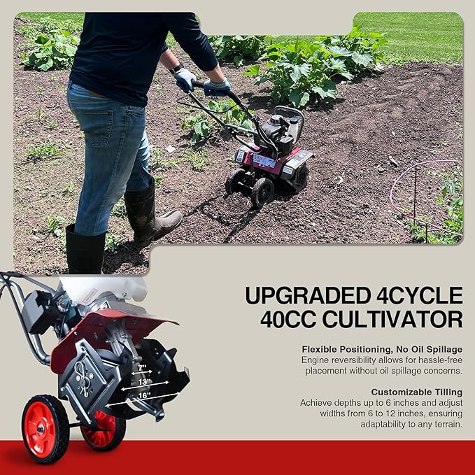 GardenTrax Upgraded Tiller 40cc 4-Cycle Multi-Function Mini Cultivator w/6 Durable Steel Tines