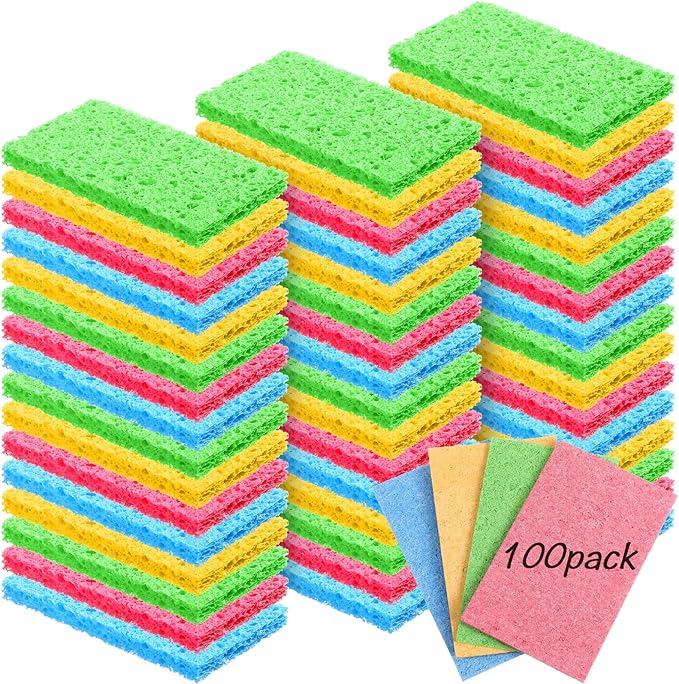 Zhengmy 100 Pieces Sponges Bulk Sponges Kitchen Compressed Sponge Natural Dish Sponge Compressed Wood Pulp Cleaning Without Scratching for Kitchen Bathroom, 3.9 x 2.4 x 0.12 Inch (Multicolor)