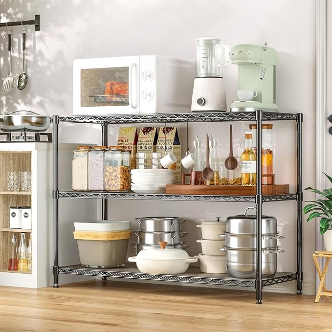 795LBS 3-Shelf Adjustable Storage Shelves 35.1" W x 14" D x 36" H Metal Shelving Unit Heavy Duty Wire Rack Small Organizer with Shelf Liners for Kitchen Pantry Bathroom Closet Garage Black
