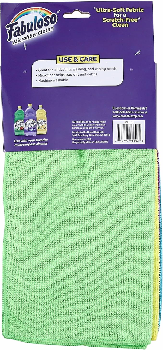 Fabuloso Microfiber Cleaning Cloths for_Home & Car,Lint-Free Scratch-Free Rags for_Glass,Kitchen,Wood,Reusable Machine Washable,Absorbent for Dusting,Wiping, Rainbow, 13 x 13 in, 8 Count (Pack of 5)