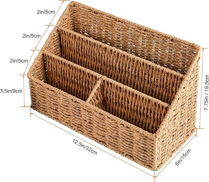 Woven Mail Organizer Countertop, 12 Inch Mail Organizer Basket for Bill and Pen, Farmhouse Desk organizers and storage
