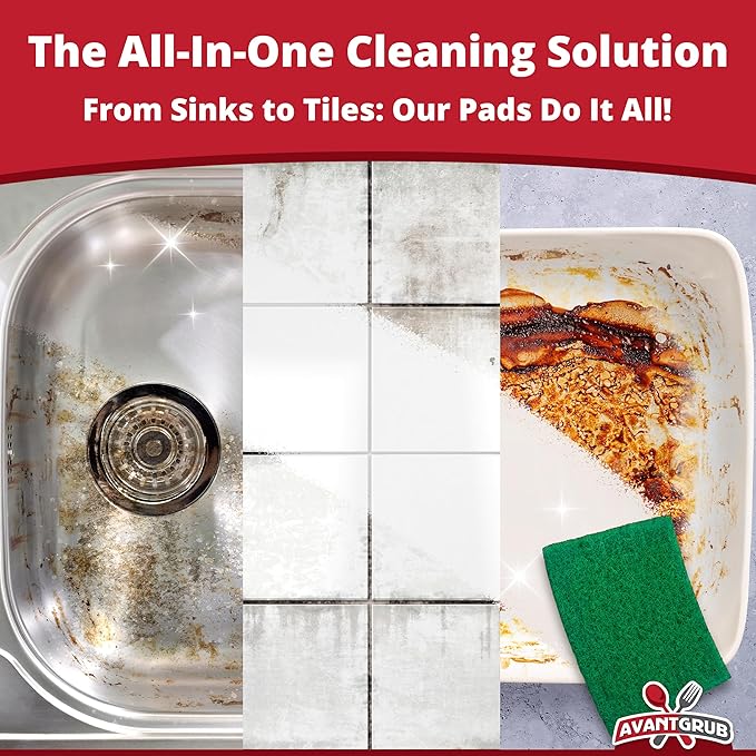 Green Sustainable 10 Pack Cleaning Scour Pads by Avant Grub. Powerful Stain Remover for Cookware. Easily Remove Grease and Residues. Eco-Friendly Solution for Kitchen Cleaning.