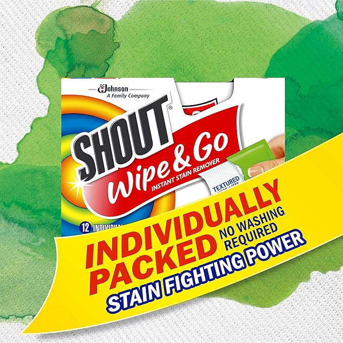 Shout Wipes, Wipe and Go Instant Stain Remover, Laundry Stain and Spot Remover for On-the-Go, 4 Wipes (Pack of 1)