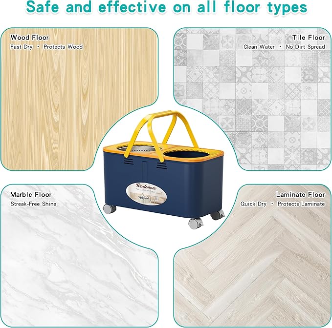 Compact Spin Mop and Bucket with Clean & Dirty Water System, Floor Mop with 360° Swivel Wheels, 61" Handle, 6 Reusable Mop Heads for for Wood, Tile, Vinyl, Baseboards- Blue/Yellow