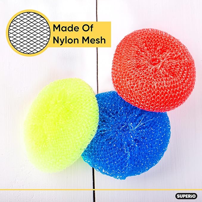 Nylon Scouring Pads-Dish Scrubbers, for Dishes, Pots, and Stoves, Durable Mesh Scourers, for Tough Cleaning. Nylon Dish Scrubbers, Assorted Colors (Superio) (6 Pack)