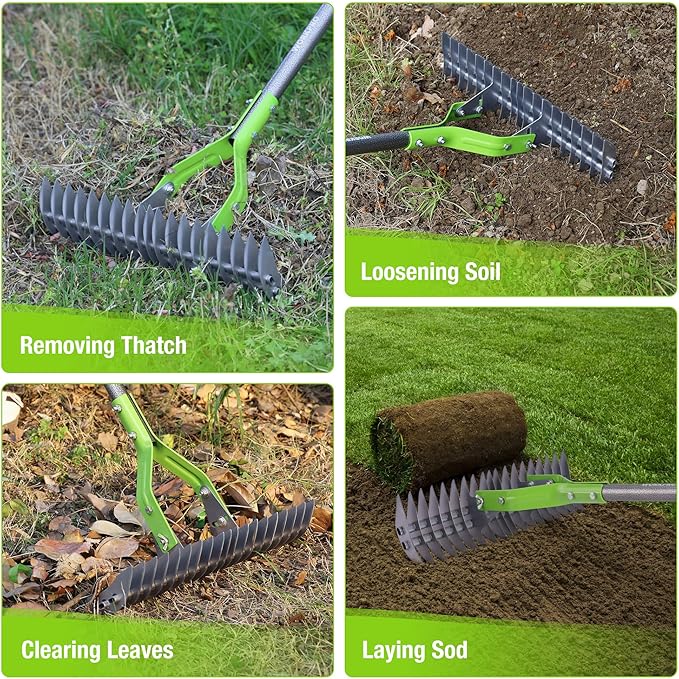 WORKPRO Thatch Rake, 15-Inch Thatching Rake for Lawns, Heavy Duty Dethatcher Rakes with 5FT Handle, Dethatching Rakes with Adjustable Head for Removing Dead Grass and Clippings, Loosening Soil