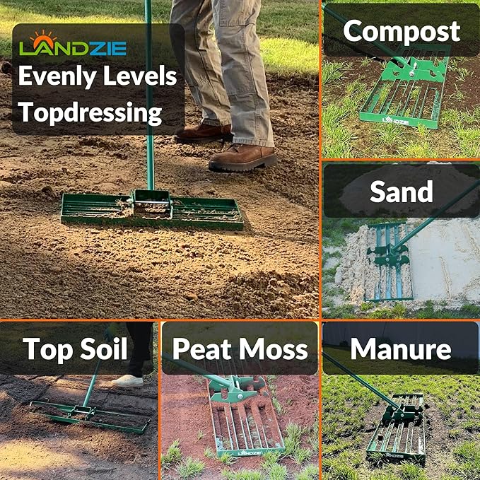 LANDZIE - The Original Lawn Leveling Rake – 24" Steel Handle Yard Leveler, Lawn Level Tool for Creating a Flat Surface - Works for Soil, Dirt, Topdressing, and Ground