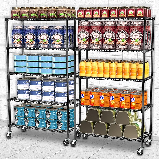 Folews 5 Tier Storage Shelves with Wheels - Adjustable Wire Shelving Unit Metal Shelves for Storage Rolling Utility Shelf Organizer Rack for Kitchen Garage Pantry Closet Laundry(14D x 36W x 75H)