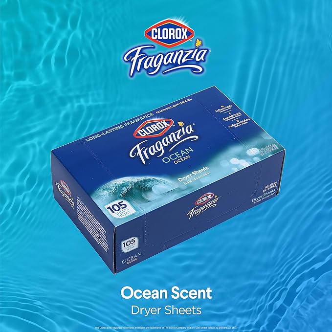 Clorox Fraganzia Fabric Softener Dryer Sheets, Wrinkle Reducing and Anti Static Laundry Dryer Sheets for Great Smelling Clothes, Softens Fabrics, Fresh Ocean Scent, 105 Count