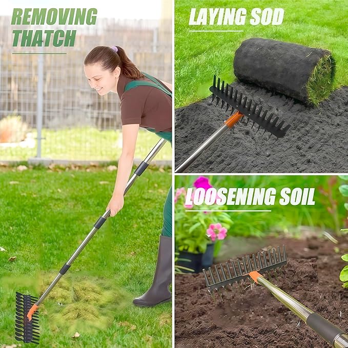 15" Heavy Duty Thatch Rake - Different Two-Row 29 Tines Metal Dethatcher with Strong Adjustable Handle for Lawn Yard Leaf Weed Removal & Soil Loosening
