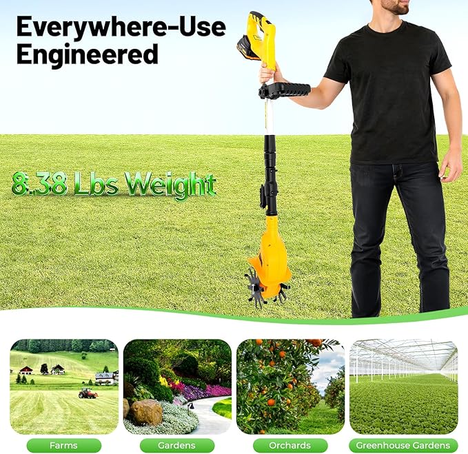 20V Cordless Tiller Cultivator,250RPM Handheld Electric Garden Tilling Tool with Extendable Pole, Mini Portable Rechargeable Battery Powered Tiller Rototillers for Gardening Farm Soil Cultivation