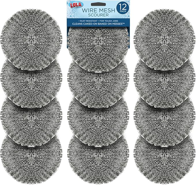 LOLA Steel Wool Wire Mesh Scouring Pad, 12 Pack, Galvanized Steel Knitted, Heavy Duty, Abrasive Scrubber, Powerful for Pots, Pans, Ovens, Grills