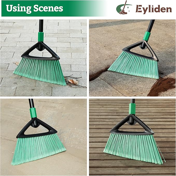 Eyliden Broom, Angle Broom with 57" Long Handle, PET Bristles - Fit Heavy-Duty Cleaning, Also Works Well Fine Dust - Commercial Outdoor Indoor Sweeper for Courtyard Sidewalk Deck Kitchen Lobby, Green