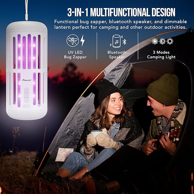 ASPECTEK Hangable Bug Zapper with Music Bluetooth Speaker – Rechargeable LED Mosquito Zapper and Ambient Light, Cordless Insect Device for Indoor/Outdoor Use, Patio, Camping, Garden – 3-in-1 Design,