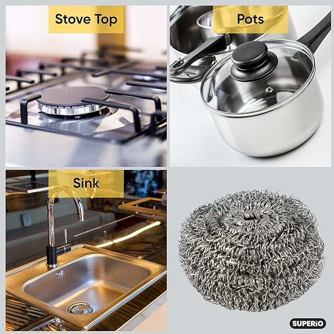 Superio Stainless Steel Scourers Steel Wool Scrubber Pad Used for Dishes, Pots, Pans, Grill, Stoves, and Ovens, Easy scouring for Tough Kitchen Cleaning Pack of 24