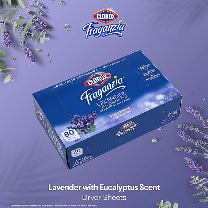 Clorox Fraganzia Fabric Softener Dryer Sheets, Wrinkle Reducing and Anti Static Laundry Dryer Sheets for Great Smelling Clothes, Softens Fabrics, Lavender with Eucalyptus Scent, 80 Count