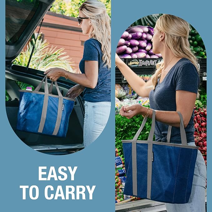 CleverMade EcoBasket 30L Collapsible Tote Basket 3 Pack – Reusable Grocery Tote That Stands Upright, Foldable Shopping Basket for Car Trunk Storage, Heavy Duty Utility Bag, 30 lb Capacity - Blue
