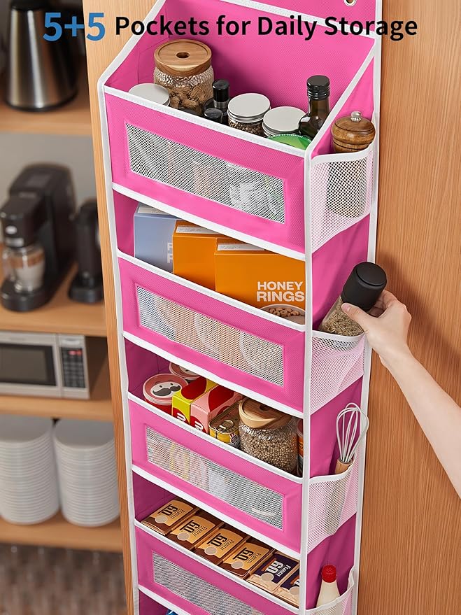 JARLINK Over The Door Organizer Storage, 5 Shelf Hanging Door Organizer with 5 Large Capacity Pockets, Anti Tilt 44 lb Load Behind Door Storage for Bedroom, Bathroom, Pantry, Nursery, Rose Pink