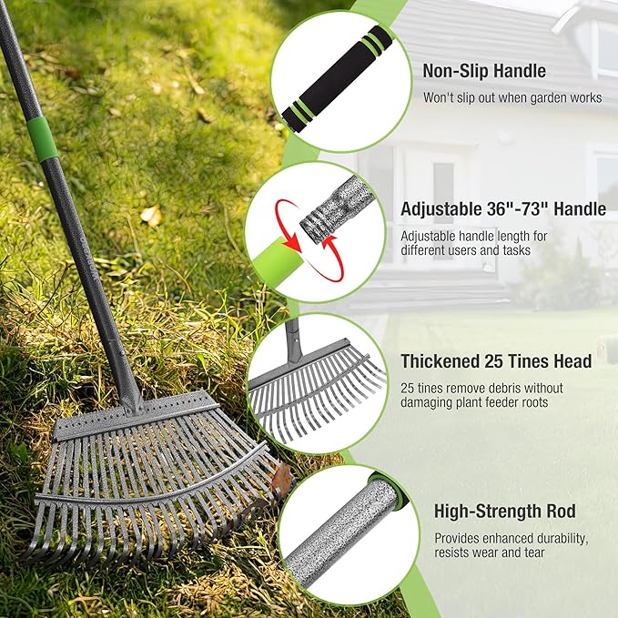 WORKPRO Rakes, Small Leaf Rake with 73” Adjustable Long Handle, Narrow Metal Garden Rake with 25 Steel Tines, Heavy Duty Rust-Resistant Lawn Rakes for Yard, Garden, Shrubs, Flower Beds & Tight Spaces