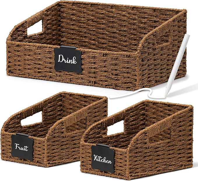 Pantry Organizers, Wicker Storage Baskets for Fruit, Bread, Vegetable, Boho Decorative Basket, Shelf Baskets for Kitchen Counter with Handles, Paper Storage Bins for Shelves, 3 Pack, Brown