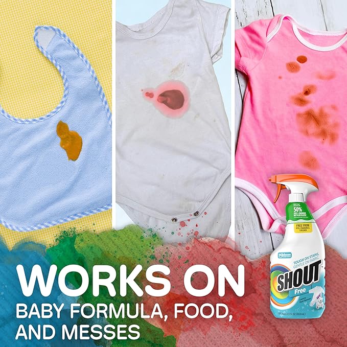 Shout Free Laundry Stain Remover Spray, Active Enzyme Formula is Fragrance, Bleach, and Dye Free, Removes Everyday Stains including Baby Stains - 22oz Spray