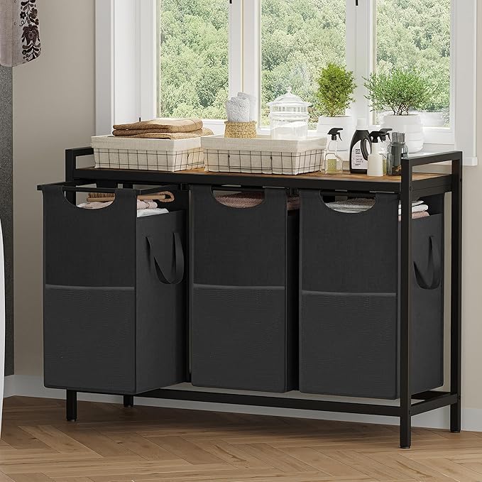 Heybly Laundry Hampers, 3 × 15 Gal (171 L) Laundry Basket with Large Desktop Sorter for Laundry Room Organization, Bathroom and Dorm Laundry Bags on Storage Shelf, Rustic Brown HLH003SR