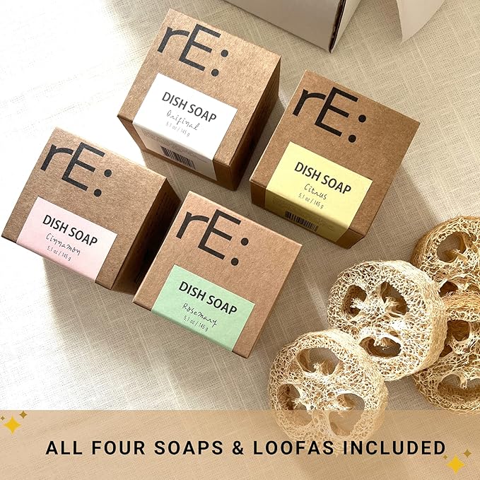 RE: REKURATOR Dishwashing Soap with Loofah Sponge – Eco-Friendly, Gentle, Plant-Based Dish Bar, No Artificial Dyes or Fragrance 4 pk (Cinnamon, Citrus, Unscented and Rosemary)