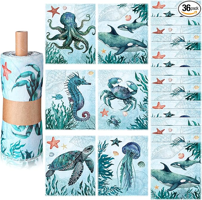 36 Pack Sea Animals Reusable Cleaning Cloths Washable Cotton Kitchen Towels for Home (Blue)