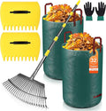 Adjustable Garden Leaf Rake Set, 18" Wide, 25 Tines, 37-79" Handle Metal Leaf Rake with 2 Pack 32 Gallons Leaf Bags and Scoops. Heavy Duty Graden Rakes Set for Lawn, Grass, Shrubs, Flower Beds
