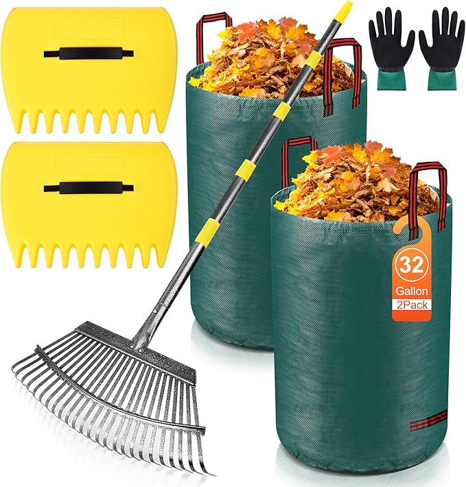 Adjustable Garden Leaf Rake Set, 18" Wide, 25 Tines, 37-79" Handle Metal Leaf Rake with 2 Pack 32 Gallons Leaf Bags and Scoops. Heavy Duty Graden Rakes Set for Lawn, Grass, Shrubs, Flower Beds