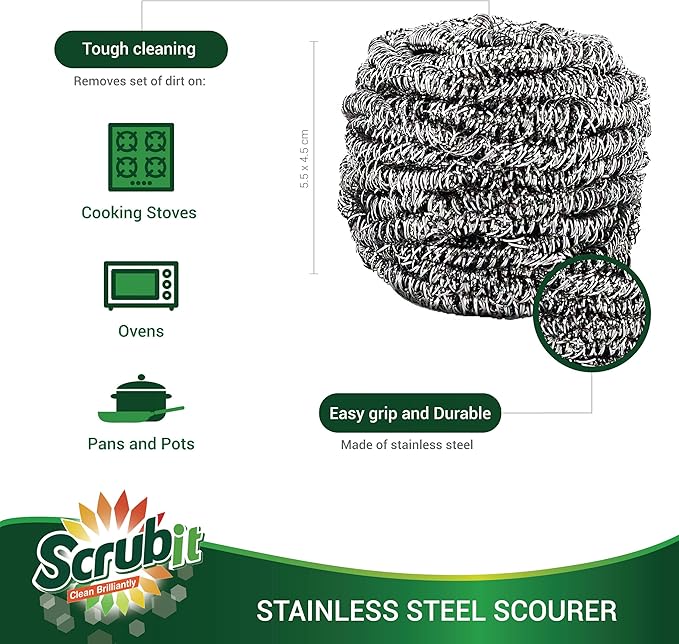 SCRUBIT 6 Pack Stainless Steel Scourers – Steel Wool Scrubber Pad Used for Dishes, Pots, Pans, and Ovens. Easy scouring for Tough Kitchen Cleaning.