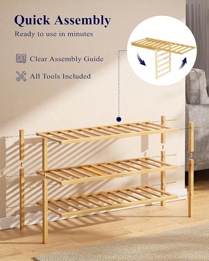 Kitsure Bamboo Wooden Shoe Rack for Closet - Stackable Shoe Organizer with Modular Structure, Space-Saving Shoe Shelf for Entryway, Living Room, Bedroom, 26.8" x 11" x 18.9", Natural