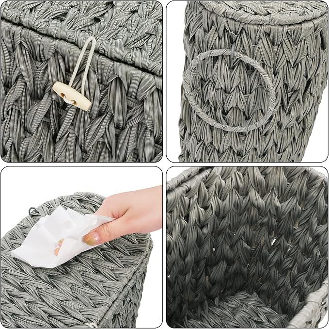 Pumtus Toilet Paper Storage Basket, Handwoven Toilet Paper Holder with Lid & Handle, Large Decorative Container for up to 6 Rolls, Plastic Trash Bin Magazine Organizer for Bathroom, Office