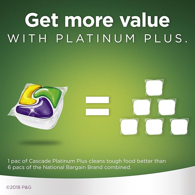 Cascade Platinum Dishwasher Pods, ActionPacs Dishwasher Detergent with Dishwasher Cleaner Action, Lemon Platinum Plus, 70 Count