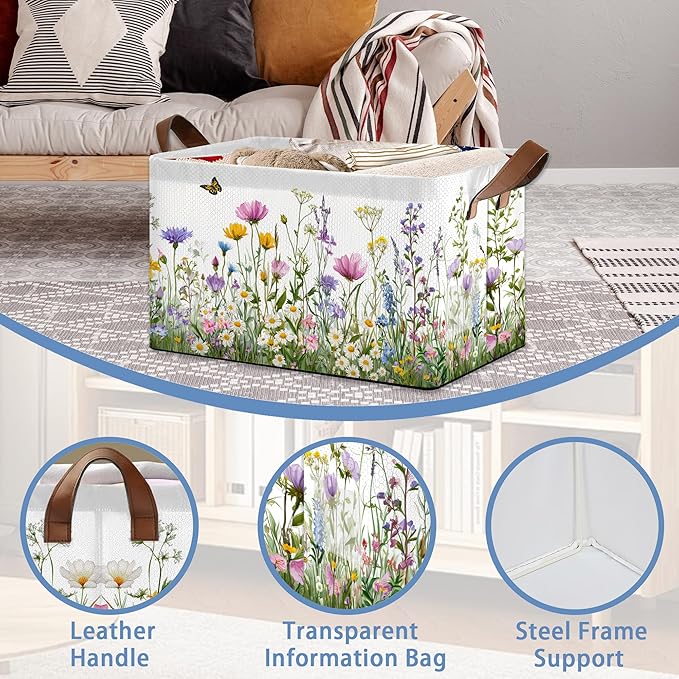 Wildflowers Butterfly Storage Baskets,Garden Herb Flower Foldable Large Capacity Organizer Bins with Waterproof Lining and Leather Handles for Closet,Shelf,Bedroom 17x11.5x10Inch