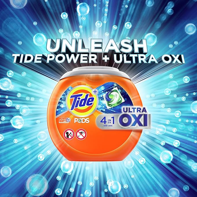 Tide 4-n-1 Ultra Oxi PODS Laundry Detergent Pacs, 57 Count, HE Compatible, Built in Pre-treater for Stains