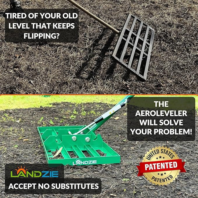 Landzie AeroLeveler - The Lawn Leveling Rake That Never Flips - Patented 24" inch Wide Pneumatic Lawn Level for Yard, Dirt, Soil, Sand, Provides Stability and Control (Pneumatic 24" Leveling rake)