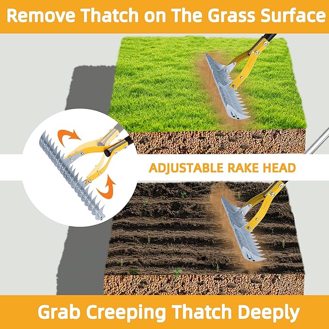Thatch Rake 15 Inch Wide Efficient Dethatcher Rake for Cleaning Dead Grass, Combs Turf & Loosens Soil, Steel Metal Grass Rakes with Stainless Steel Handle Versatile Leveler &Cleans for Garden