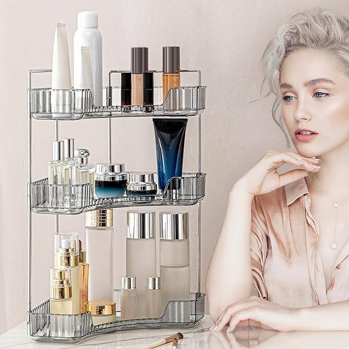 INVSSENE Corner Bathroom Countertop Organizer, Vanity Organizer Trays for Counter, Makeup Organizers, Perfume Tray, Skincare Shelf Storage Gifts for Women Girl Student (Smoky Gray 3 Tiers)