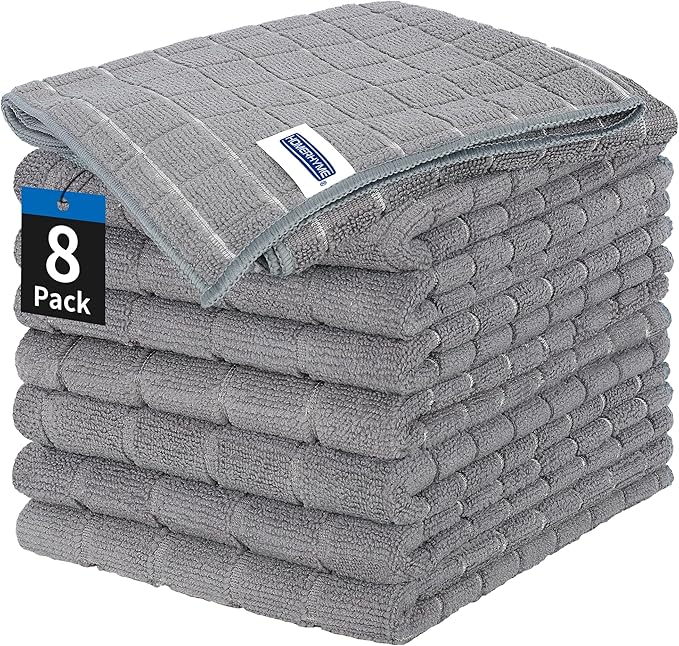 HOMERHYME Kitchen Towels, 8 Pack Microfiber Cleaning Cloth, 25'' x 15'' Dish Towels, 270 GSM Checkered All-Purpose Reusable Lint Free & Absorbent Hand Towels for Kitchen Home Tea Bar Shop