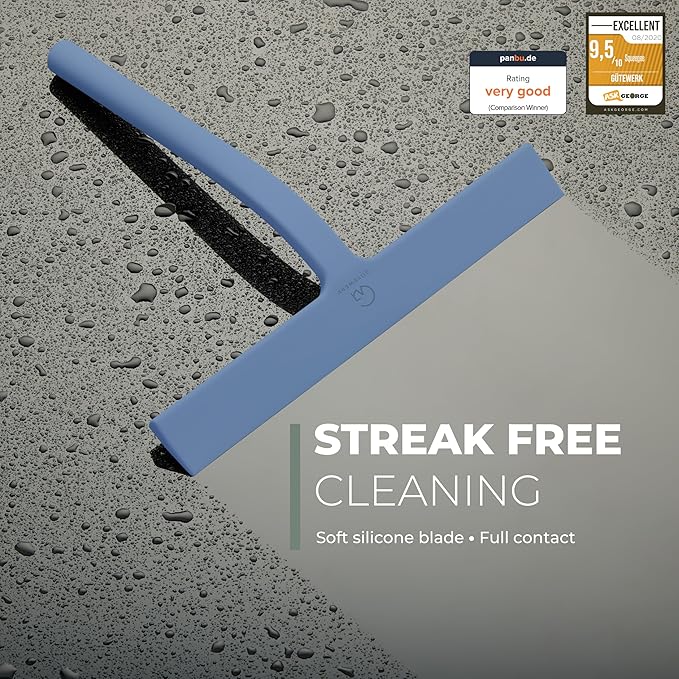 GÜTEWERK Silicone Shower Squeegee for Glass Doors & Mirrors with Stainless Steel Core, Streak-Free & No-Squeak Window Cleaning, 3-in-1 No-Drill Mount (Hook/Suction/Adhesive),Blue, 11 Inches