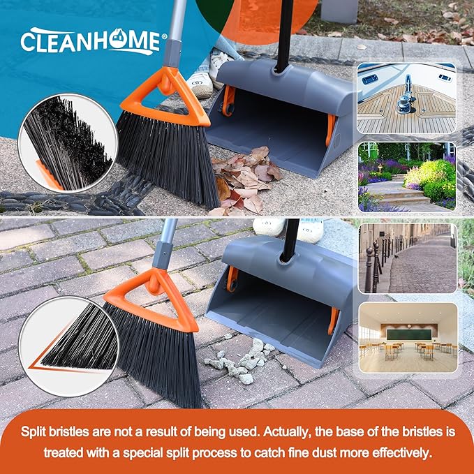 Heavy Duty Broom with Dustpan Combo Set Indoor and Outdoor Dual Purpose,Stiff Bristle Commercial Angle Broom and Standing Dust Pans with Long Handle for Sweeping Home,Kitchen,Yard,Grey
