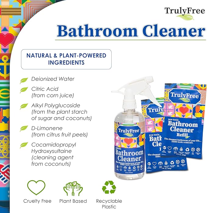 Truly Free All Natural Non-Toxic Bathroom Cleaner Spray, Organic Bath & Tile Cleaning Solution for Toilet, Sink, Tub & Shower, Refillable 2-Pack with 16oz Bottle + 2 Refill Pouches