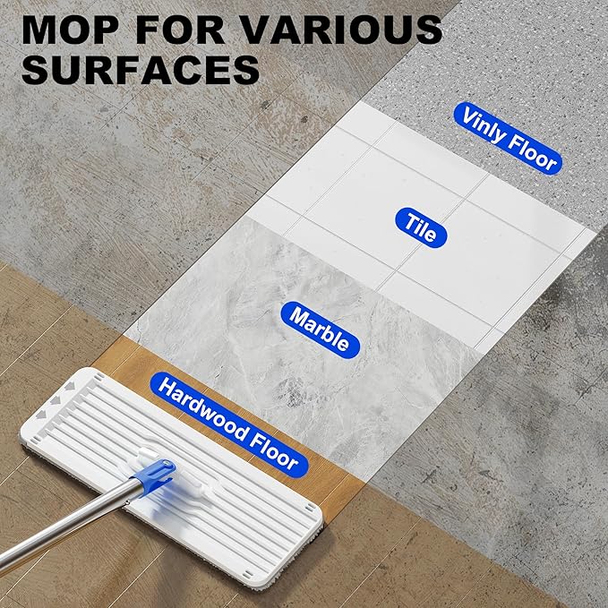 Mop and Bucket Set, Mops for Floor Cleaning with Long Handle, Squeeze Flat Mop and Bucket System, Dry & Wet Dust Mops for Household Floor Cleaning with 3 Microfiber Mops, Slate Blue