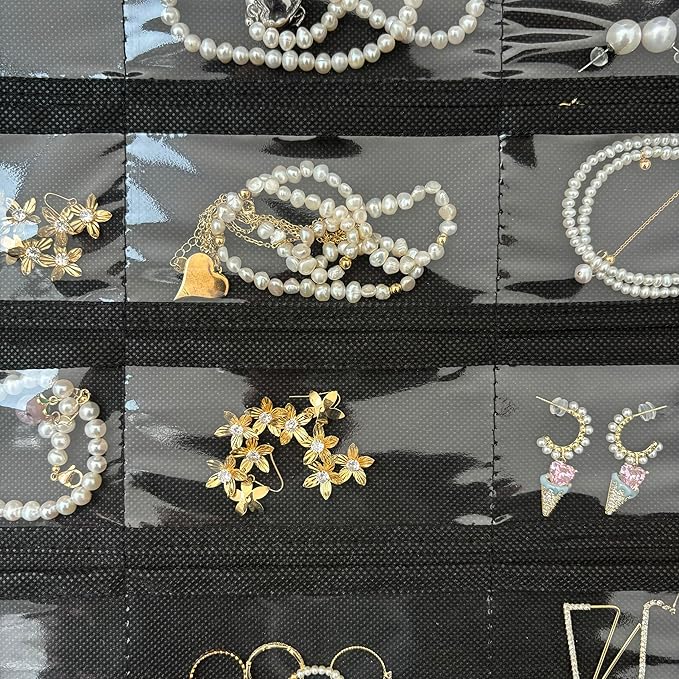 2 Pack Hanging Jewelry Organizer 80-Pocket Dual-sided Jewelry Storage for Earring Necklace Bracelet Ring Travel Holder, Black
